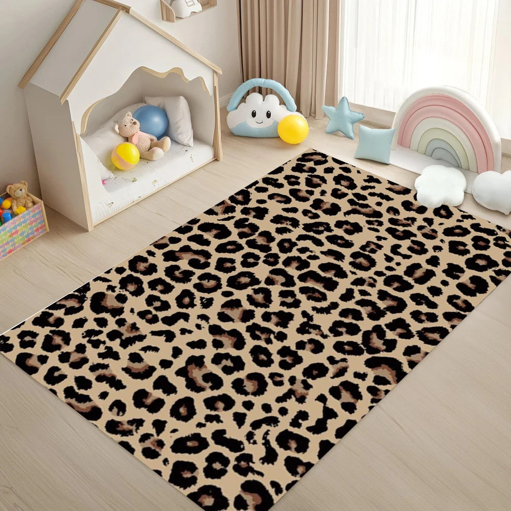 tapis moderne léopard polyester polypropylène beige noir marron salon chambre extérieur
