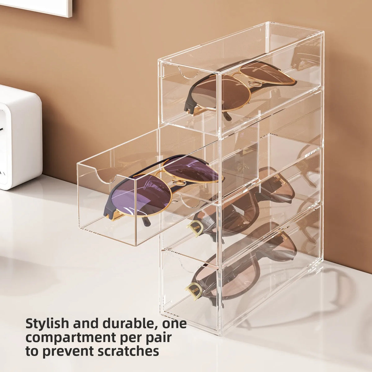 boîte rangement lunettes transparente moderne minimaliste tiroirs anti poussière organisateur papeterie poignées
