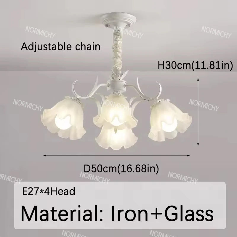 lampe suspendue fleur blanche classique romantique translucide chaines ampoules