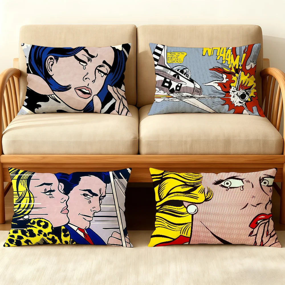 housse coussin double face imprimé pop art personnages moderne bleu rouge blanc