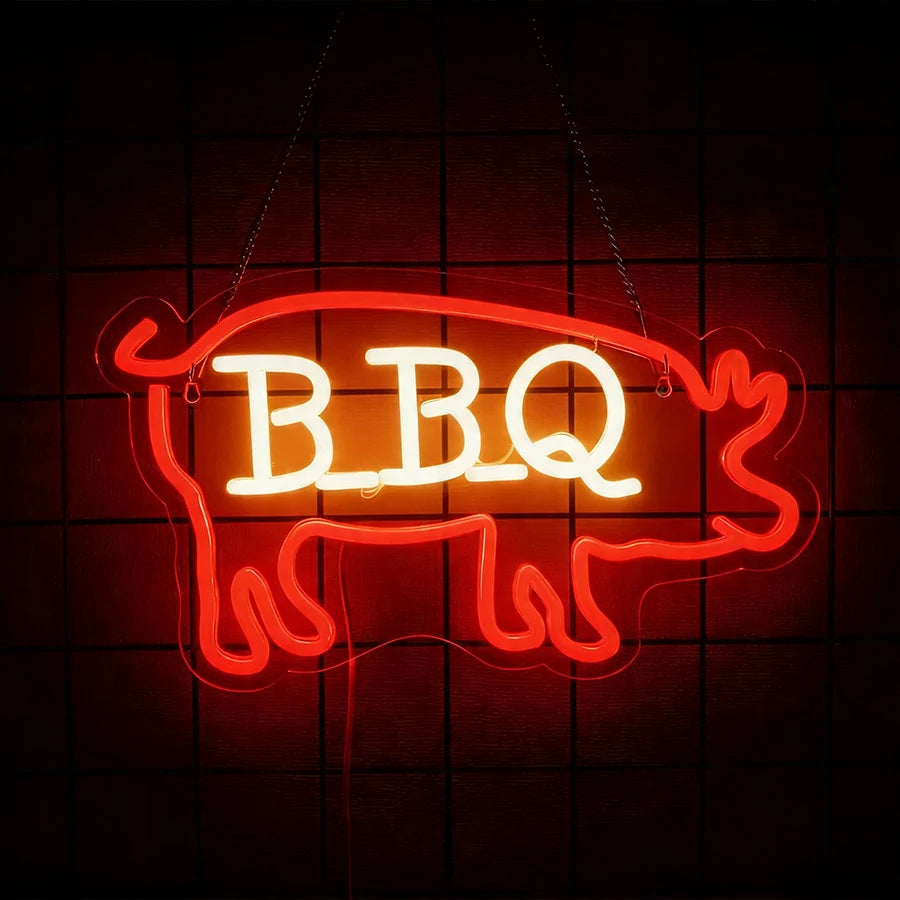 néon lumineux barbecue steak fourchette couteau flamme porc kebab rouge blanc moderne fixations murales