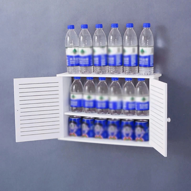 rangement électronique blanc multiusage moderne porte lattée 50cm largeur fixe mur