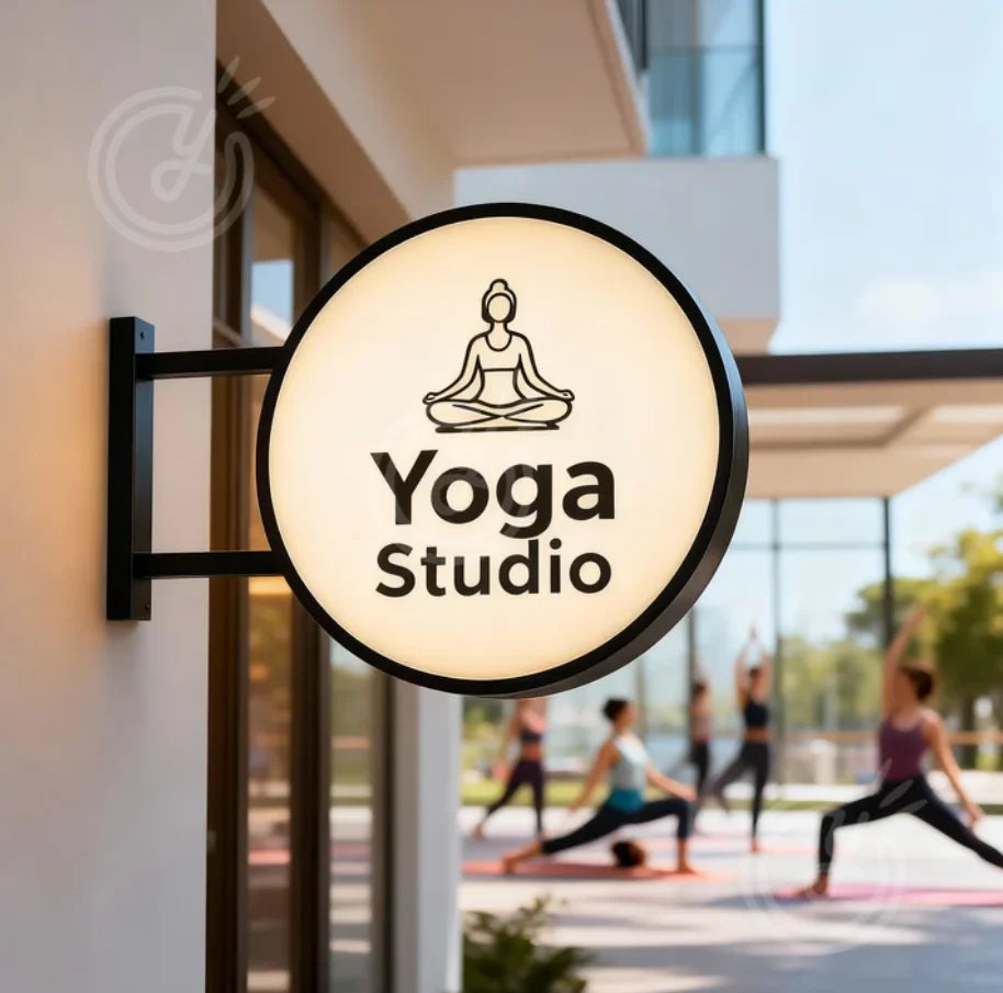 Enseigne lumineuse LED double face beige pour studio de yoga