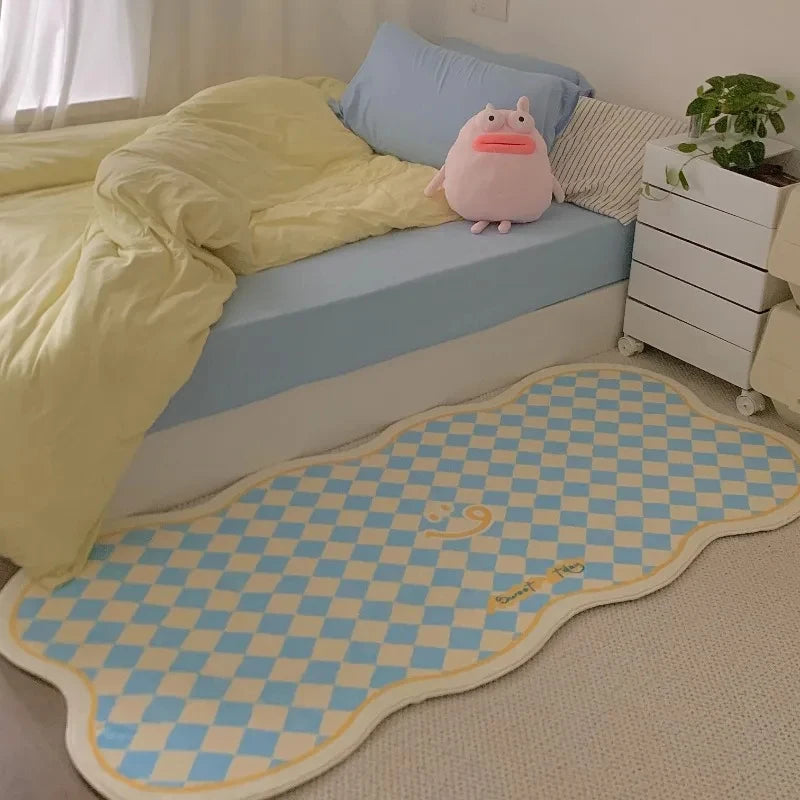 tapis moderne rose clair carreaux géométriques antidérapant polyester entrée salon chambre