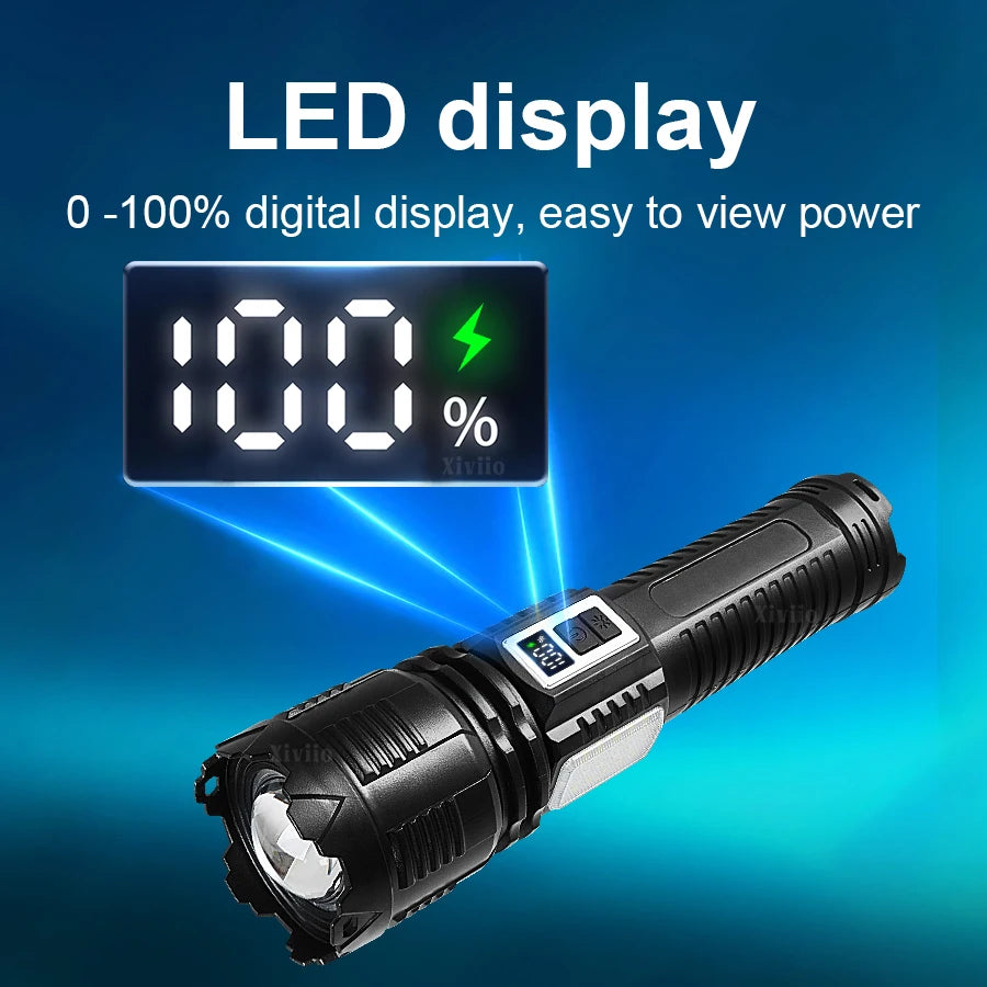 lampe torche rechargeable solaire led puissante 30w lumiere intense résistante autodéfense camping pêche