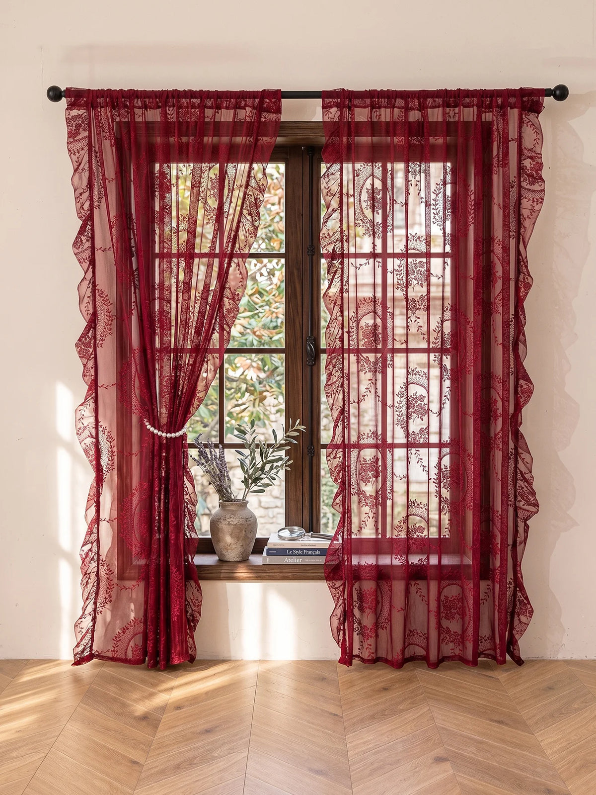 rideau brodé fleurs rouge classique transparent décoration intérieure maison pastorale 140x200cm