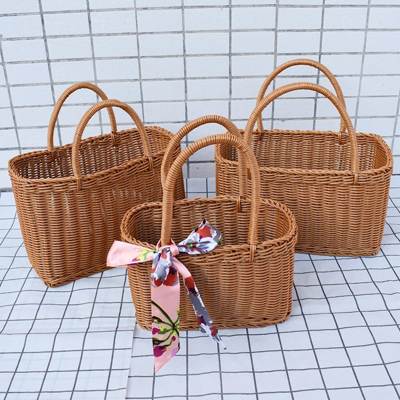 panier tressé marron clair réutilisable poignées traditionnel fruits légumes médicaments cosmétiques rangement extérieur moderne