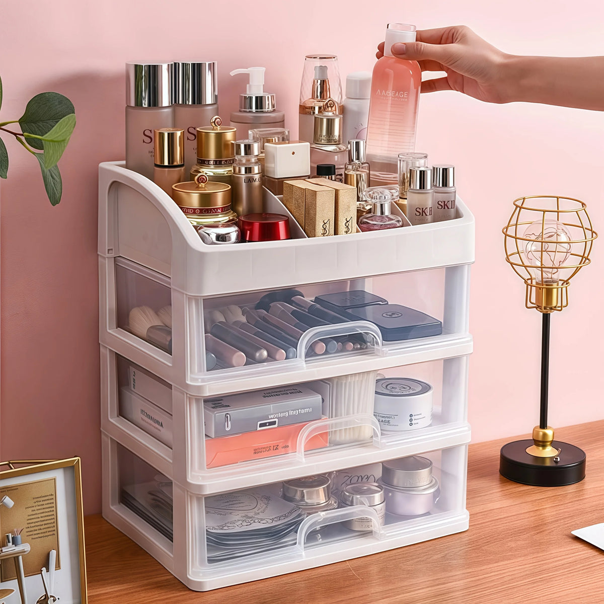 organisateur maquillage blanc moderne sans tiroirs coulissants transparent étiquettes autocollantes brosse maquillage