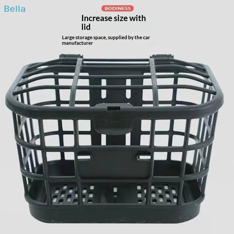 panier avant vélo électrique noir grille ouverte couvercle détachable rangement plastique utilitaire fonctionnel