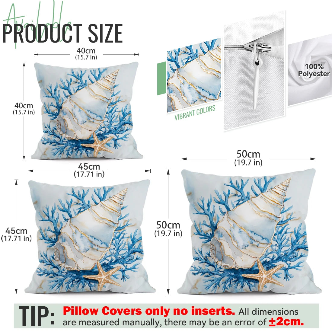 coussin moderne bleu blanc corail coquillage 45cmx45cm zip invisible décoration intérieur maison