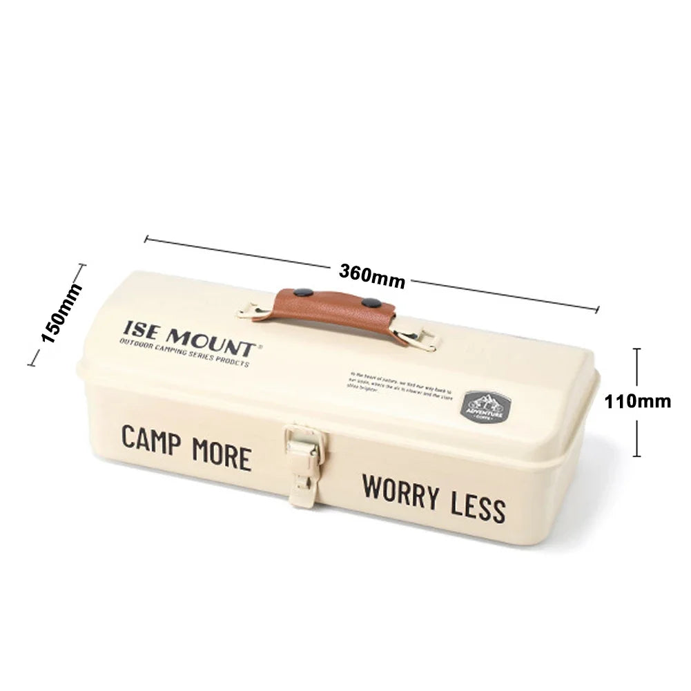boîte outils métal poignée cuir camping rangement vintage robuste vert noir