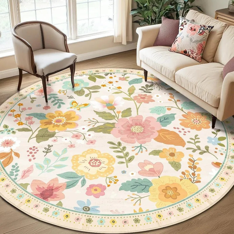 tapis rond moderne fleurs colorées motifs floraux salon beige rose violet
