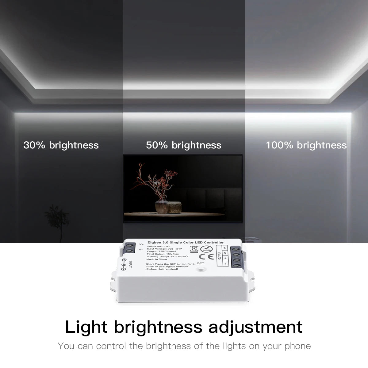 contrôleur led zigbee 3.0 wifi rgb rgbcct bande lumière ajustement luminosité télécommande application mobile