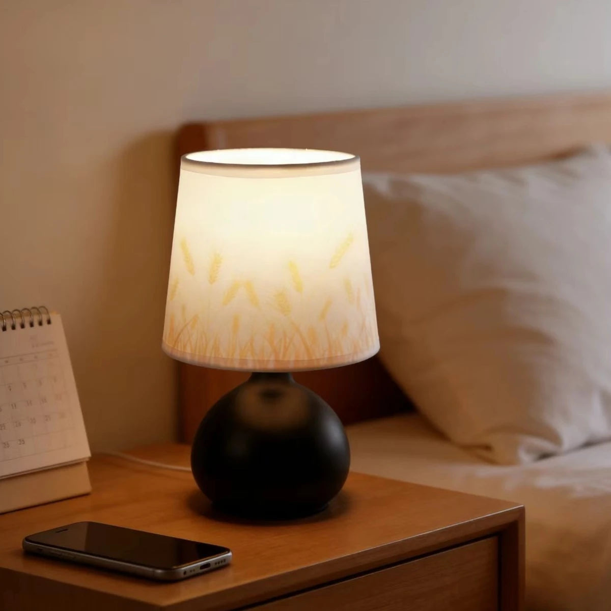 lampe chevet moderne abatjour beige motif herbe base marron stable usb rechargeable