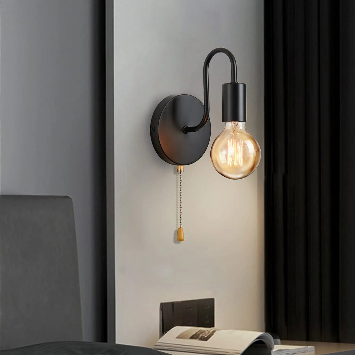 lampe murale filaire éclairage rétro minimaliste ampoule E27 métal noir apparent