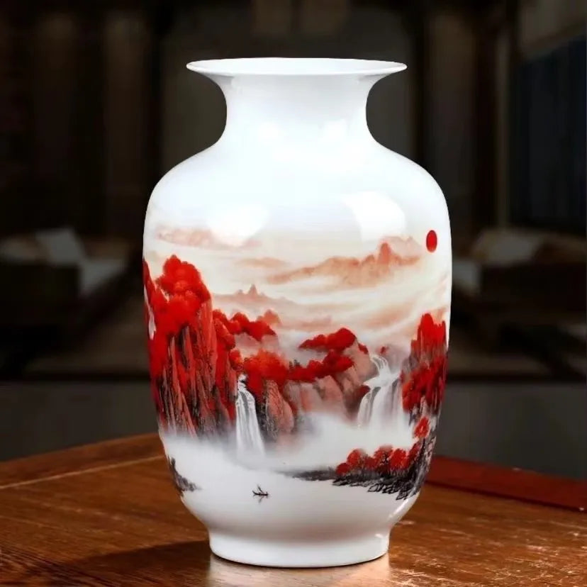 vase céramique traditionnel chinois blanc rouge bleu oiseaux bambous calligraphie paysagesOpaque 22cm