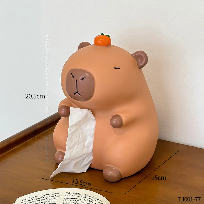 boîte mouchoirs cartoon capibara marron clair visage mignon oreilles boutons pomme orange mouchoirs blancs