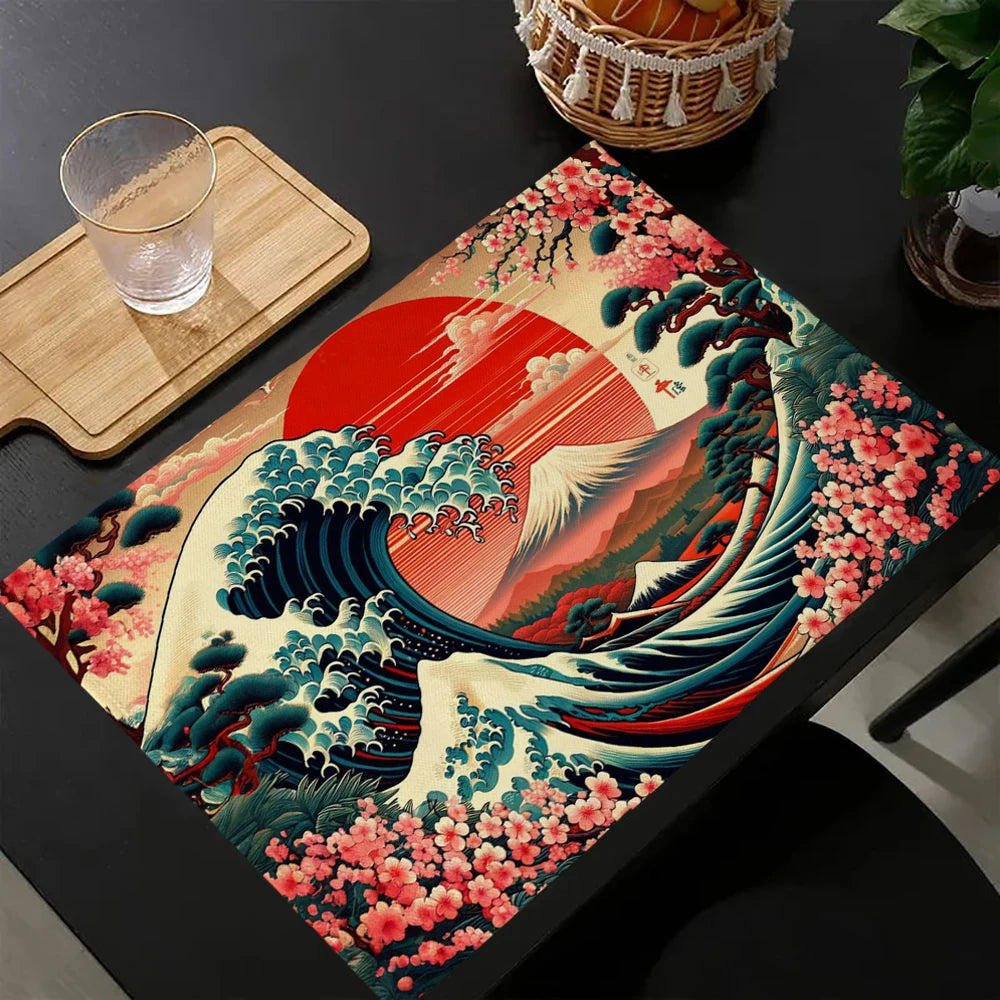 Napperon de table japonais motifs vagues tsunami en lin rouge