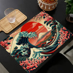Napperon de table japonais motifs vagues tsunami en lin rouge