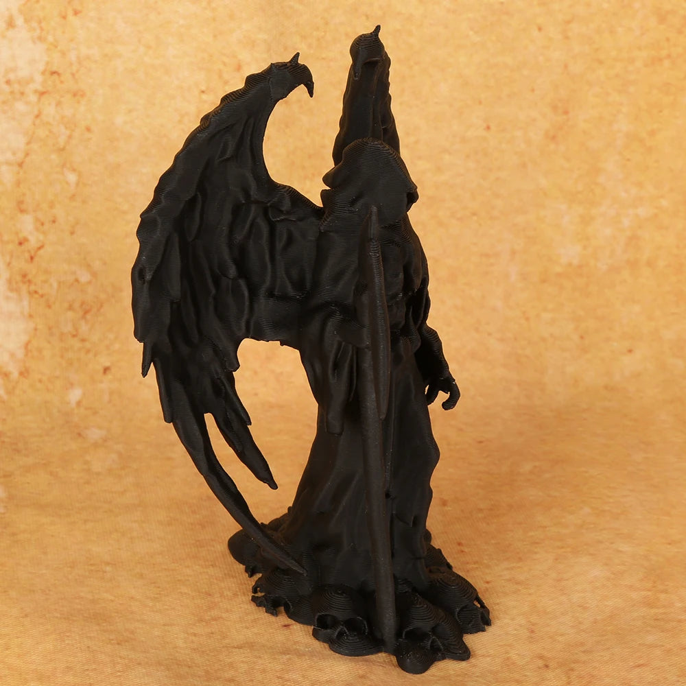 statue faucheuse noire ailes crâne gothique macabre fantôme faux décoration fantasia obscurité sculptée details
