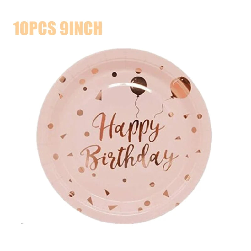 ensemble décoration anniversaire rose doré assiettes gobelets serviettes ballons guirlande toile fond