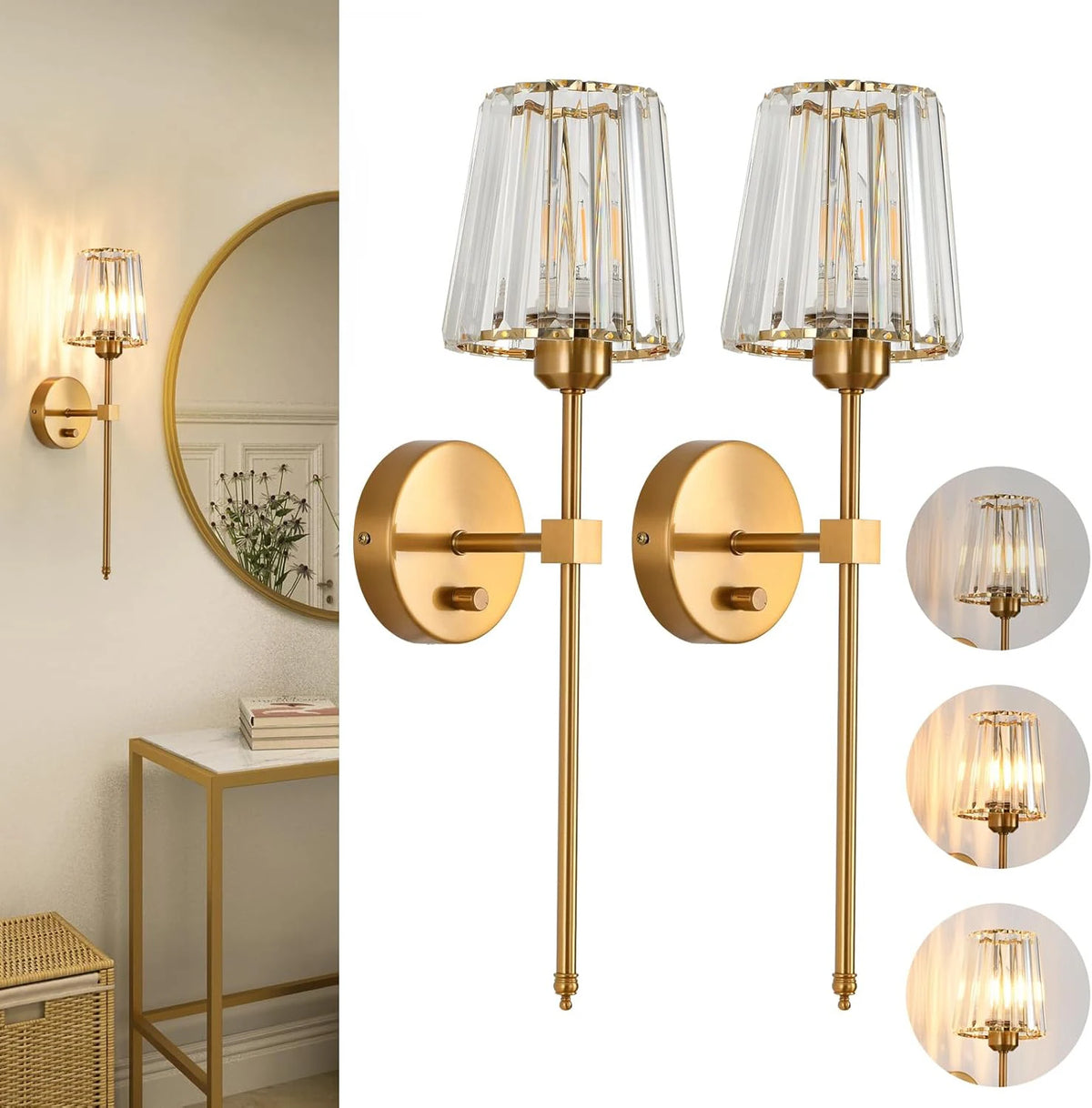 applique murale led or moderne abat jour transparent cristal élégante interrupteur rotatif chambre salon