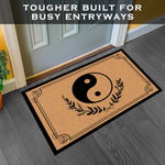 tapis d'entrée yin yang feuilles stylisées antidérapant résistant intempéries extérieur intérieur moderne