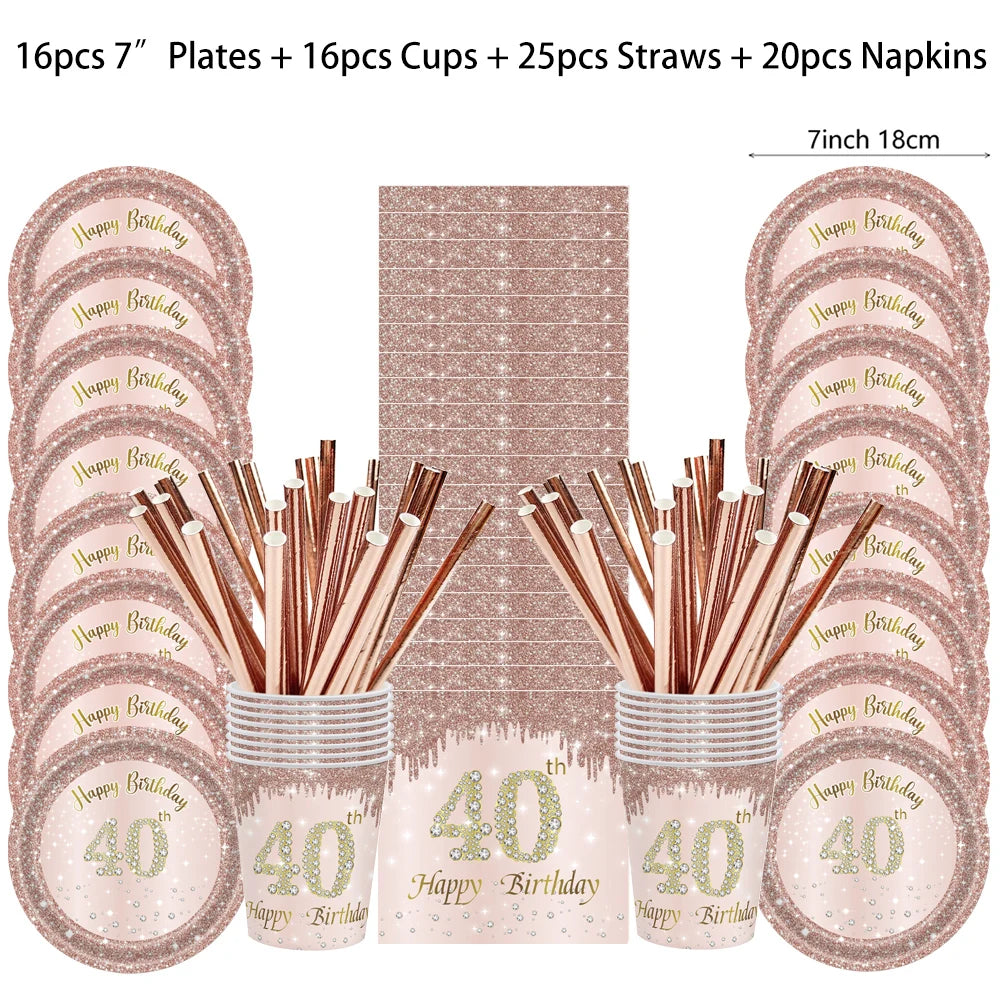 ensemble vaisselle jetable anniversaire rose gold assiettes serviettes gobelets pailles paillettes décoratif fête