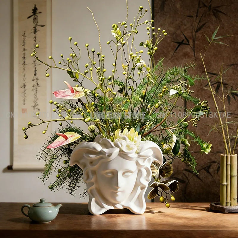 vase tête humaine résine blanc fleurs artificielles diverses couleurs decoration maison salon chambre cadeau