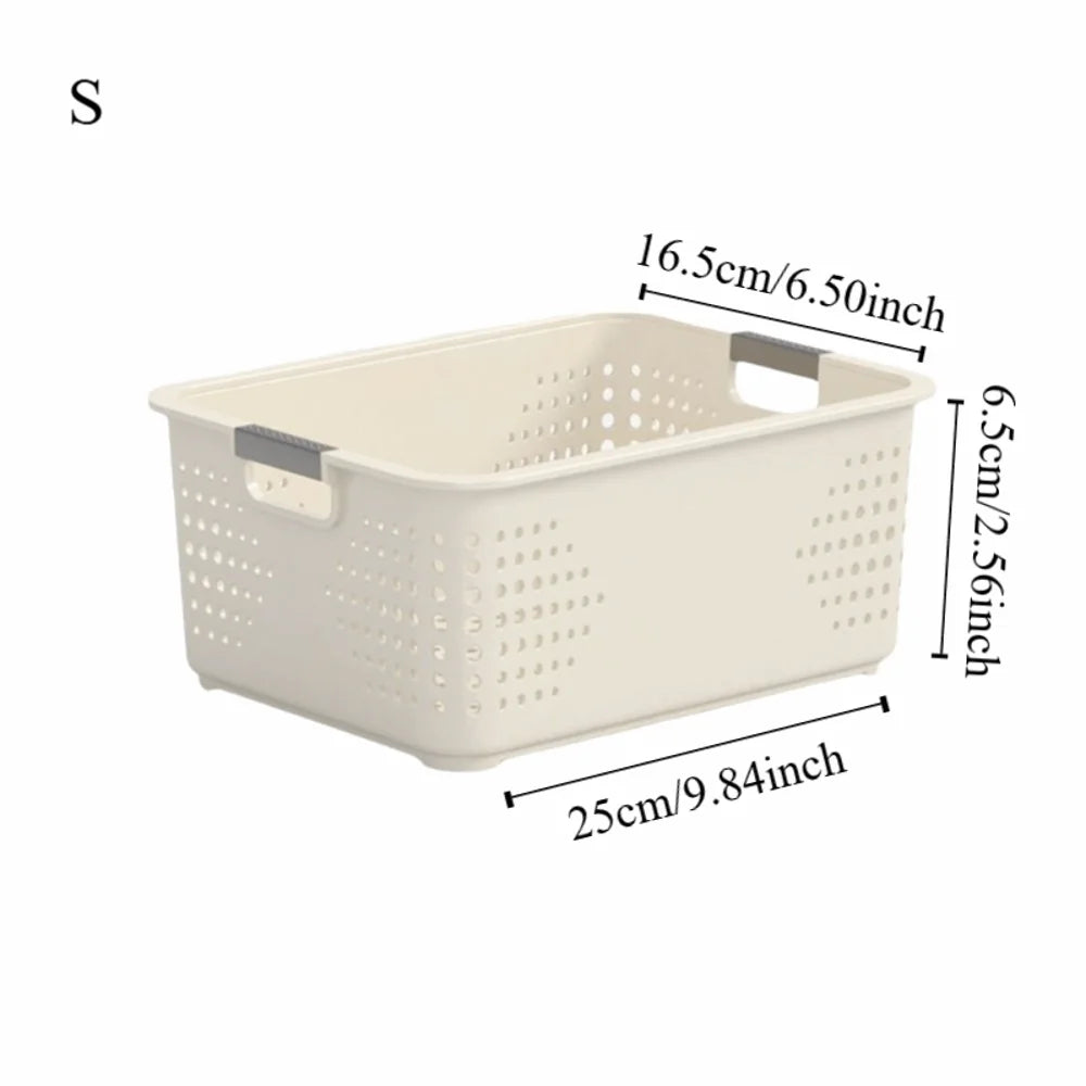 paniers rangement plastique perforé moderne poignées beige clair empilables cuisine