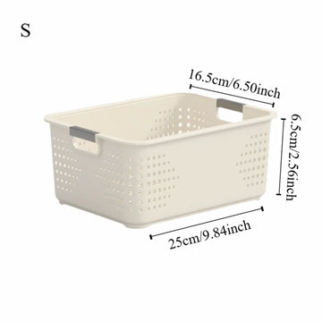 paniers rangement plastique perforé moderne poignées beige clair empilables cuisine