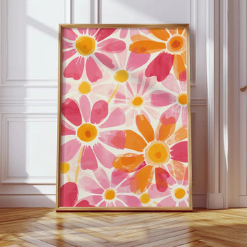 affiche murale moderne fleurs stylisées rose orange chambre salon decoration pop art
