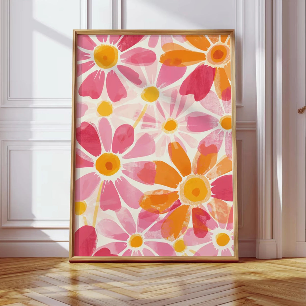 affiche murale moderne fleurs stylisées rose orange chambre salon decoration pop art