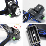 lampe frontale led rechargeable batterie 18650 noir bleu bandes ajustables haute luminosité camping outdoor