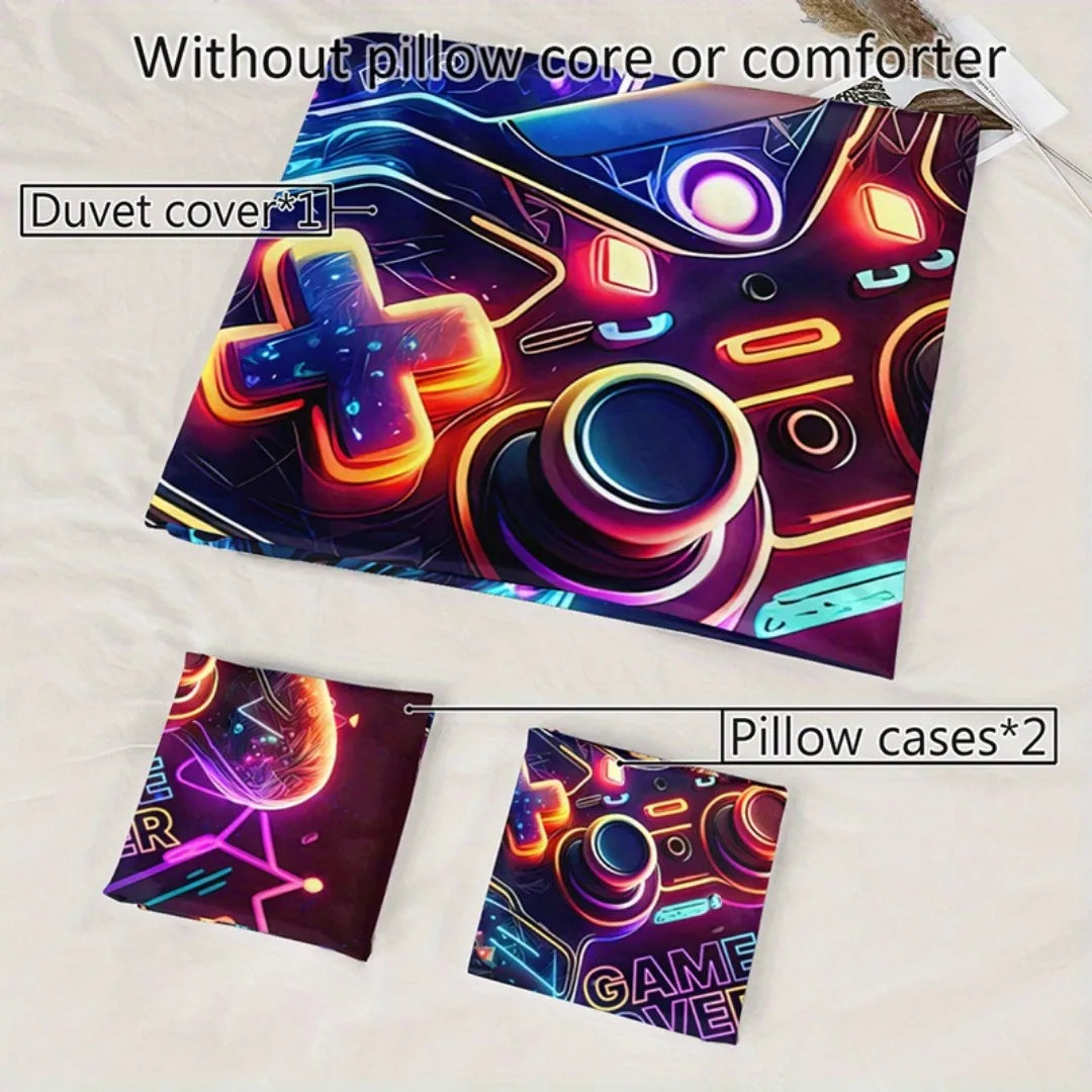 ensemble literie moderne gamer motif manette jeu game over noir violet bleu orange rose