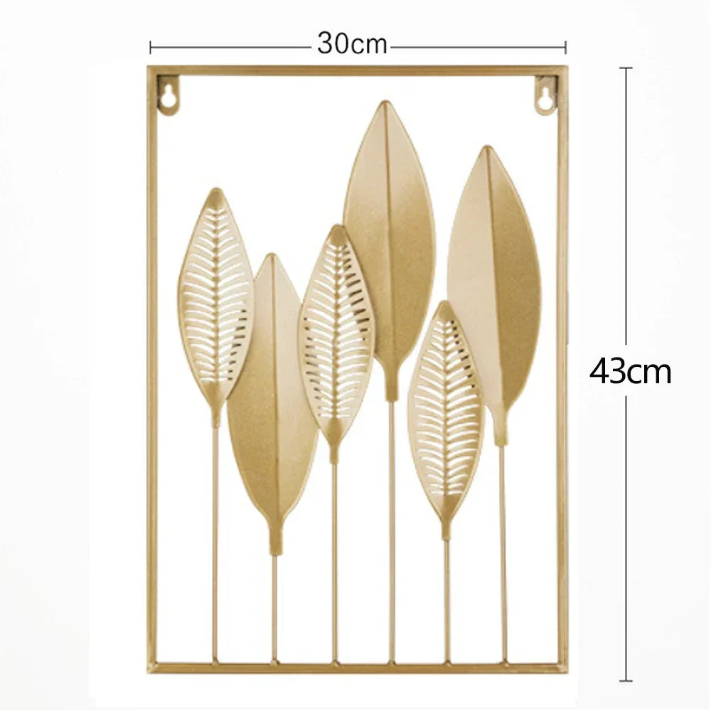 décoration murale métal feuilles stylisées bleu doré jaune art moderne salon maison intérieur