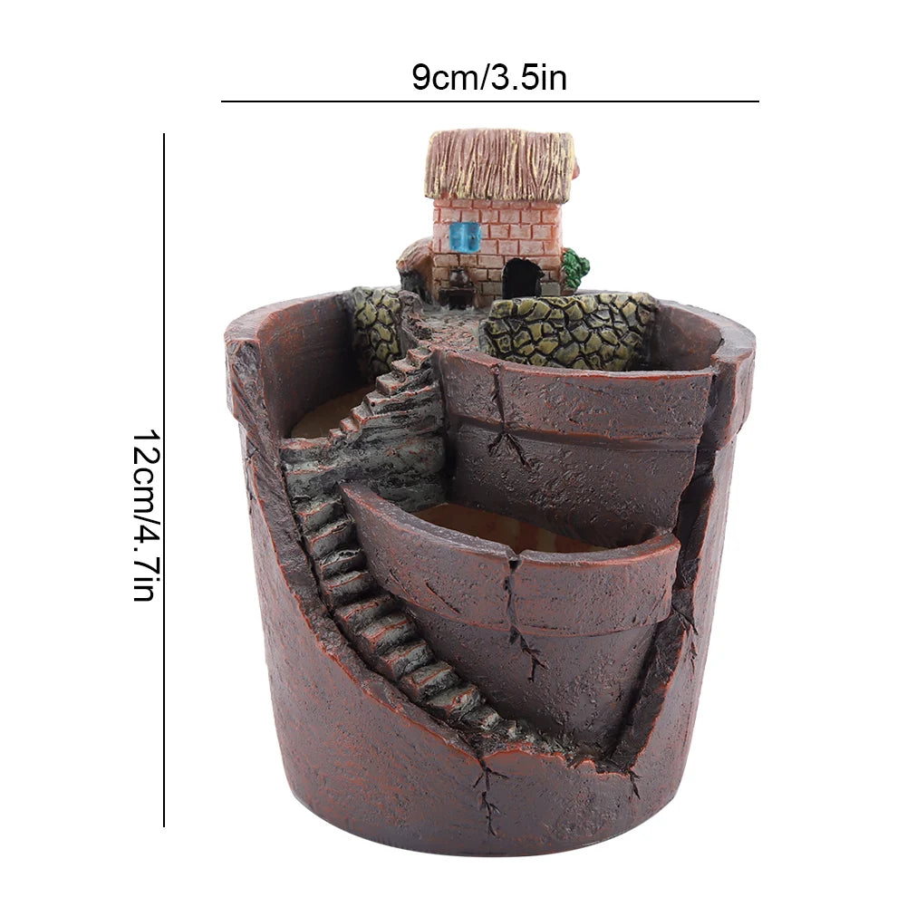 pots plante résine marron gris miniature maison toit chaume fenêtre bleue rustic
