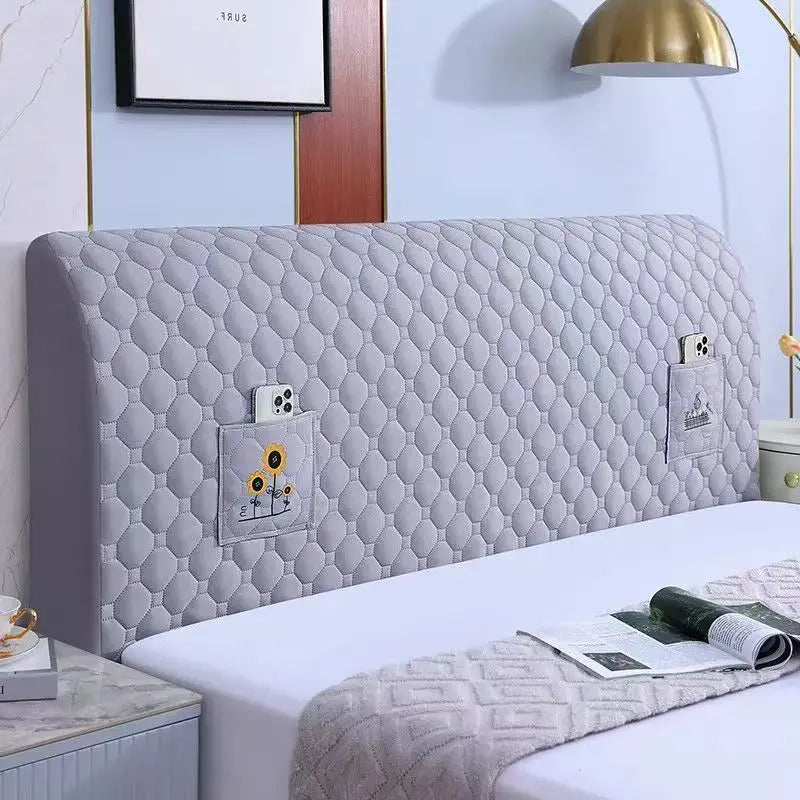 protège tête lit gris clair moderne poche rangement adhésif texture géométrique