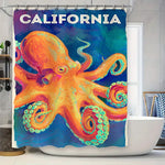 Rideau de douche poulpe californien orange bleu dans une salle de bain moderne