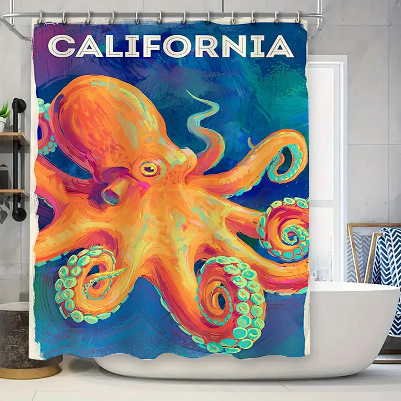Rideau de douche poulpe californien orange bleu dans une salle de bain moderne