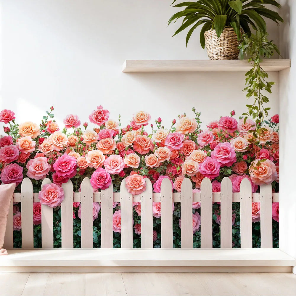 décoration murale sticker floral rose feuillage clôture verte jardin romantique moderne 30x60cm