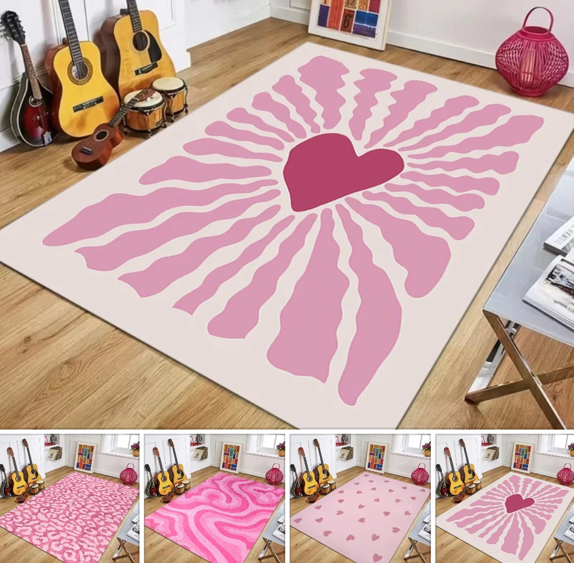 tapis moderne rose rayures ondulées salon chambre facile nettoyer polyester polypropylène