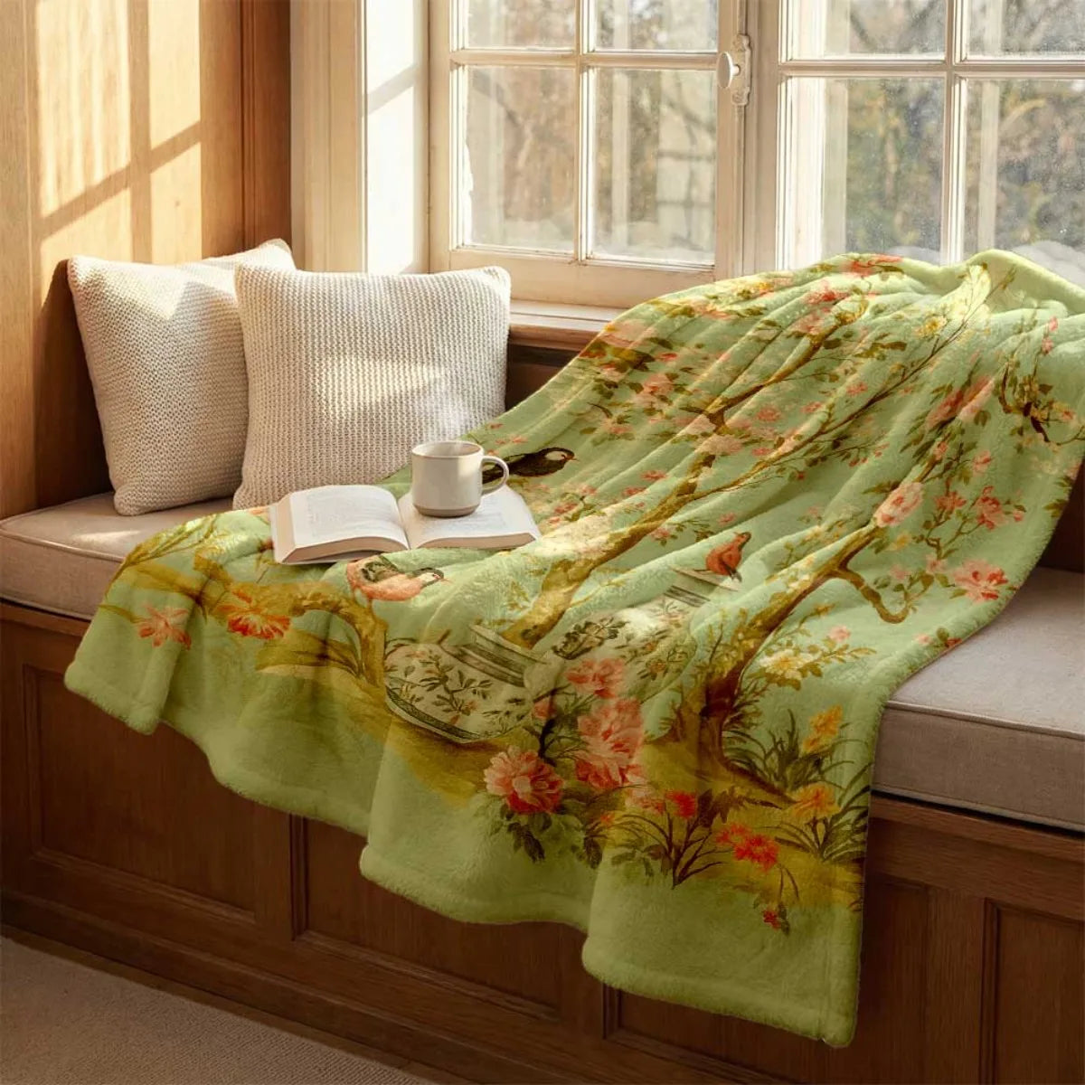couverture polyester fleur oiseau arbre vintage classique floral grande taille automne