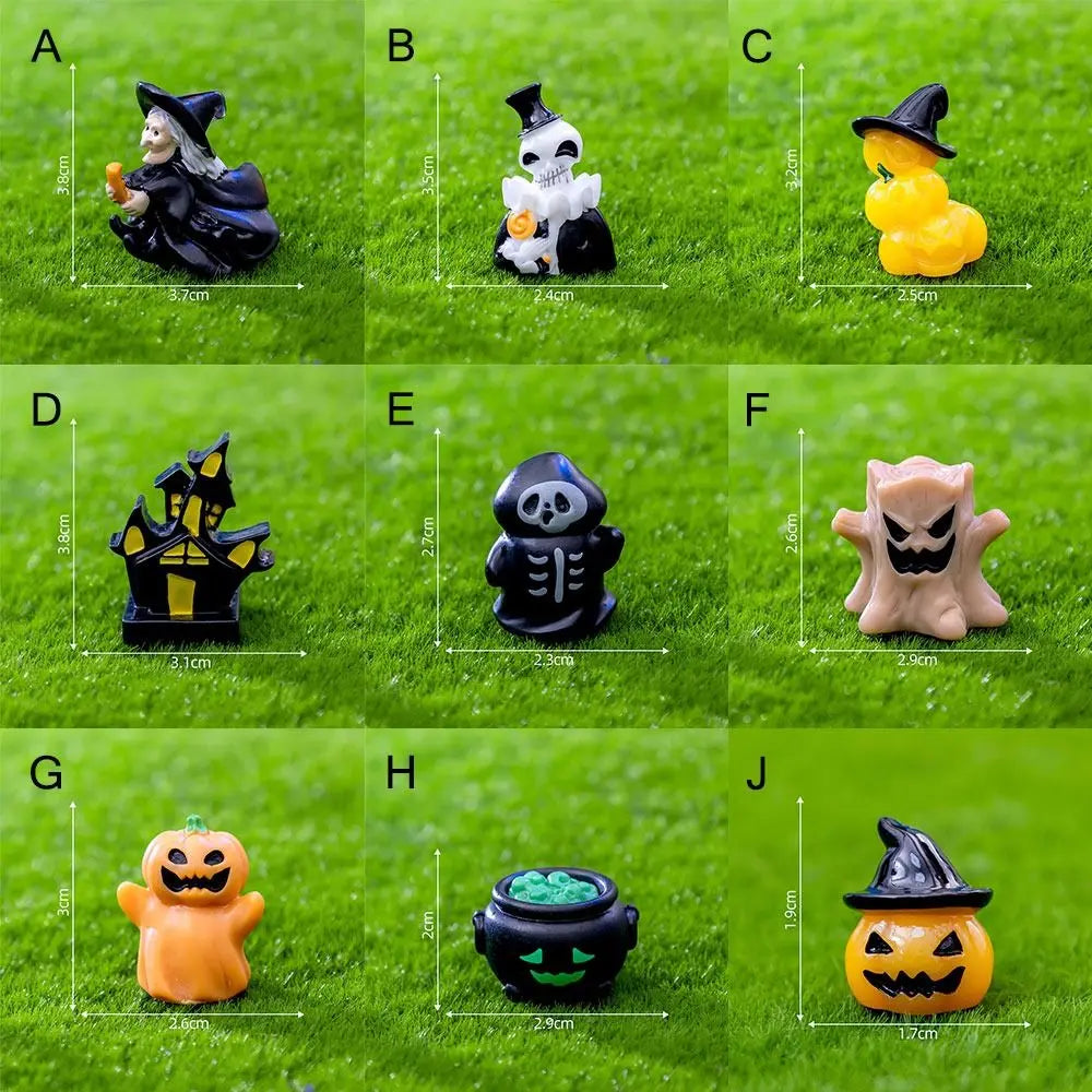 figurines halloween sorcière fantôme citrouille squelette résine noire blanche verte Jaune