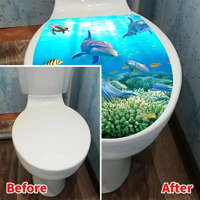 autocollant sous marin dauphins poissons coraux toilette moderne pvc adhésif bleu vert blanc