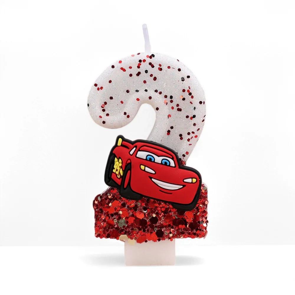 bougies anniversaire forme chiffre sequins motif voiture blanc rouge noir