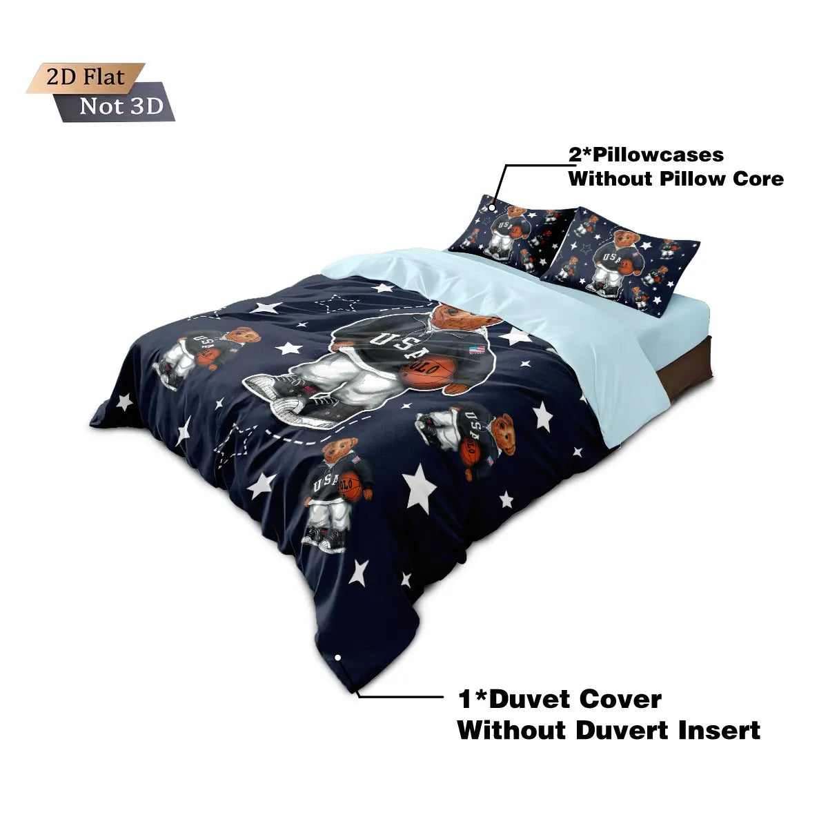 ensemble literie ours basket bleu marine blanc gris moderne taies d'oreiller housse couette imprimé