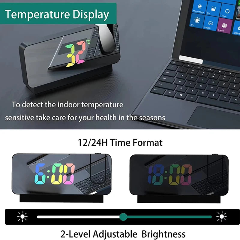 réveil projecteur miroir noir blanc écran led coloré moderne affichage lumineux réglable inclinaison chambre