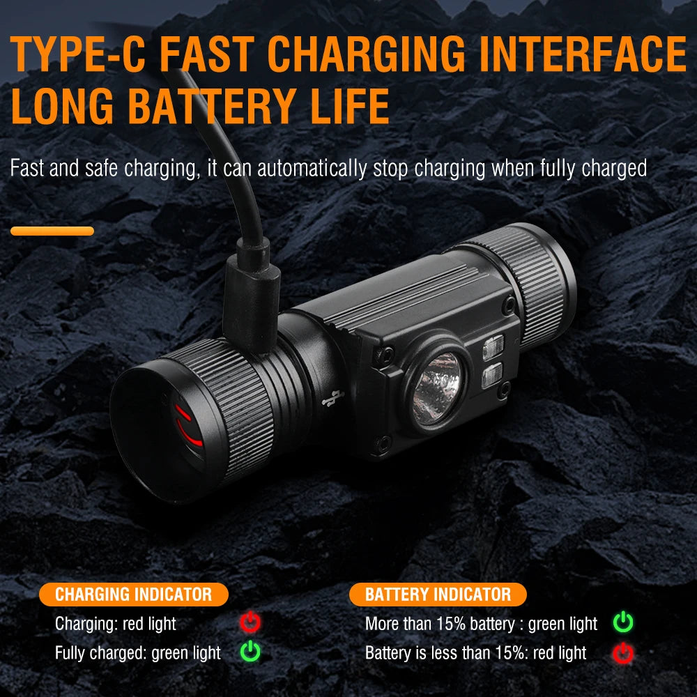 lampe frontale led rechargeable usb camping pêche étanche ipx6 modes noire rouge verte