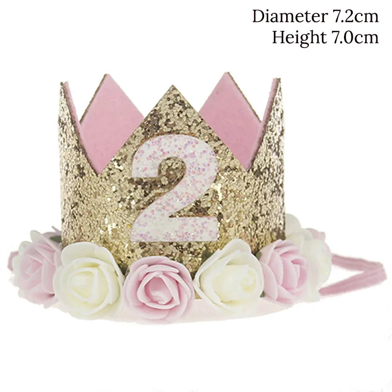 couronne enfant anniversaire ans paillettes or rose blanche fleurs artificielles bandeau élastique princesse festif